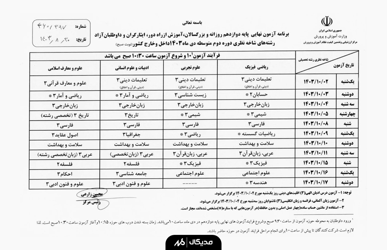 برنامه امتحان نهایی دی ماه 1403 دوازدهم